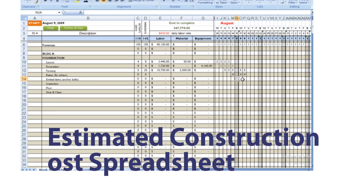 Estimated Construction Cost Spreadsheet