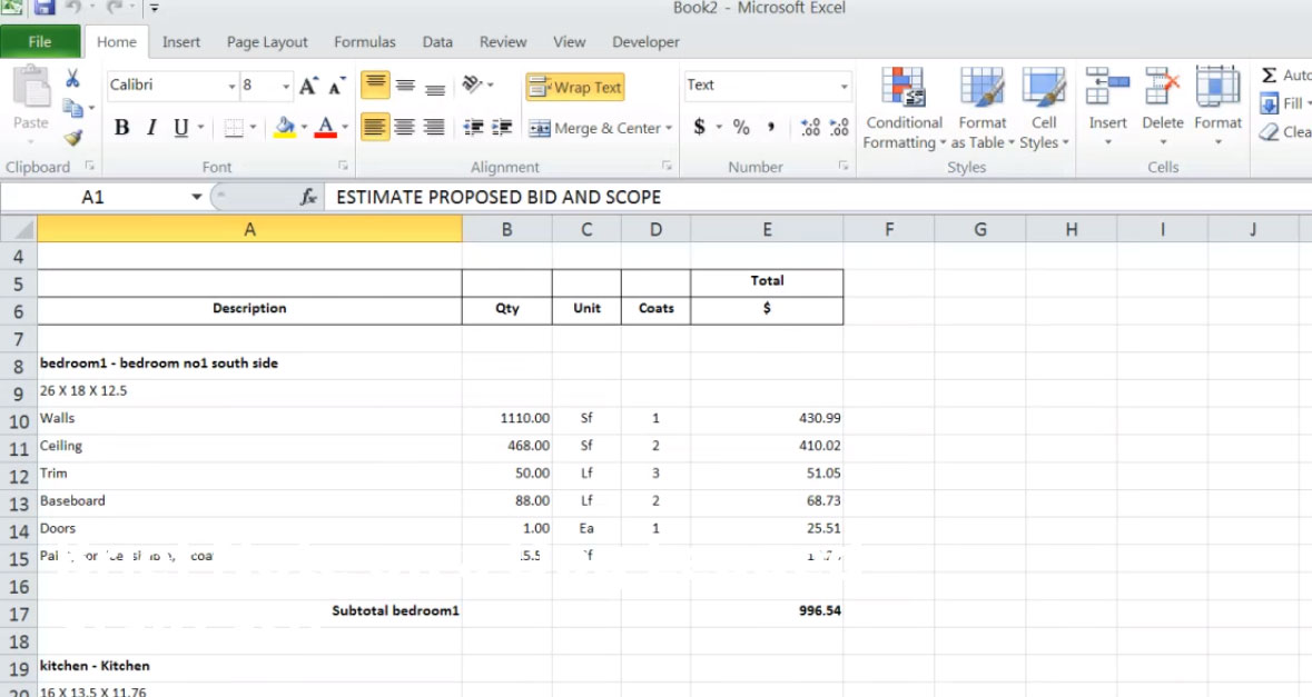 Paint Quantity Takeoff Sheet